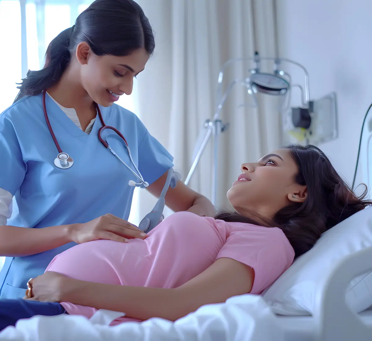 Nurse performing prenatal monitoring for pregnant woman at Advamed IVF Centre in Chandigarh