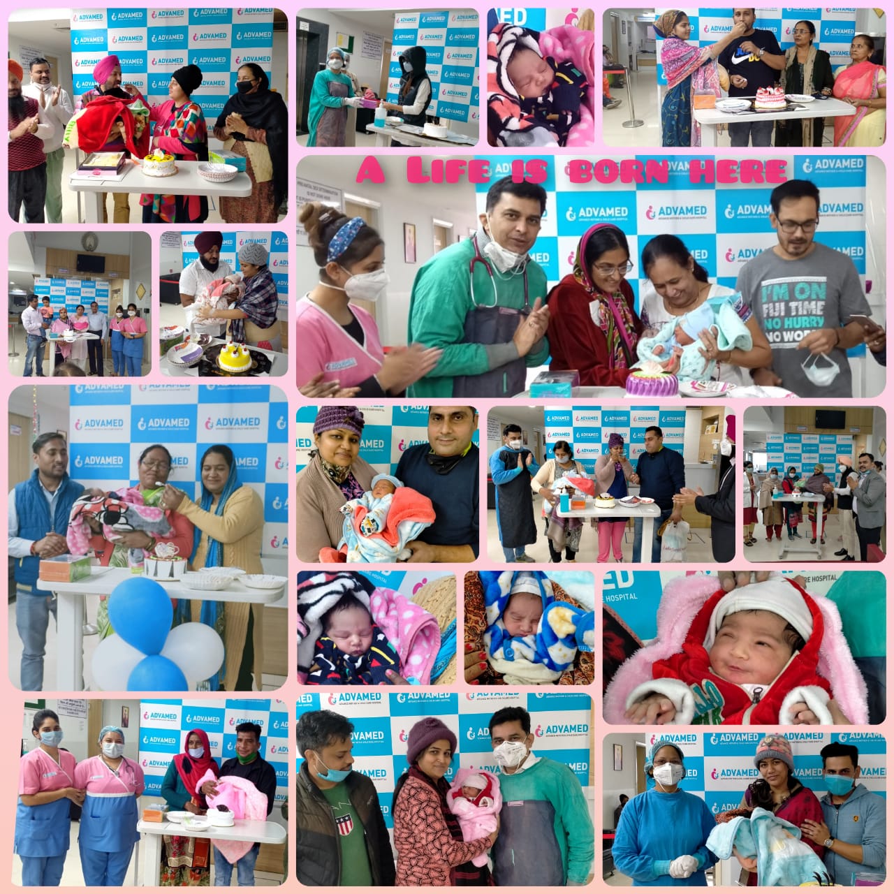 Collage of happy families and newborns at ADVAMED Hospital celebrating childbirth with doctors and staff under the banner